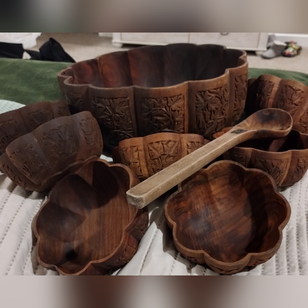Vintage, hand carved, redwood serving bowls with spoon
